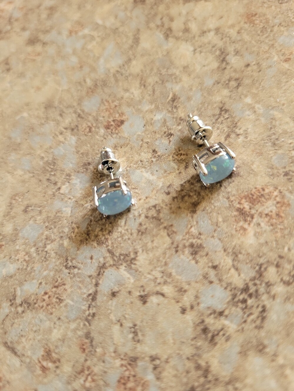 Silver Tone Blue Opal Stud Earrings